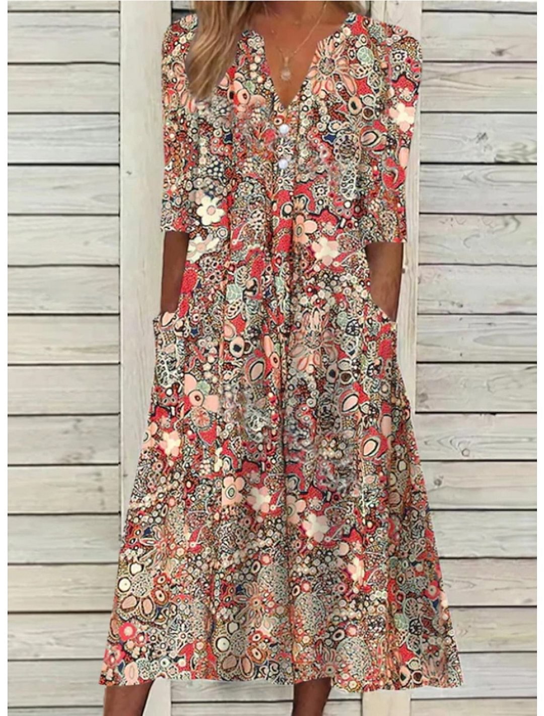 Women's Casual V-Neck Dress with Sleeves