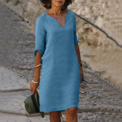 Women's Casual Dress with V-Neck and Cuffed Sleeves