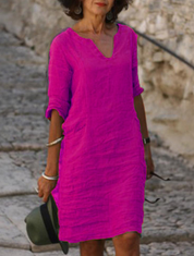 Women's Casual Dress with V-Neck and Cuffed Sleeves