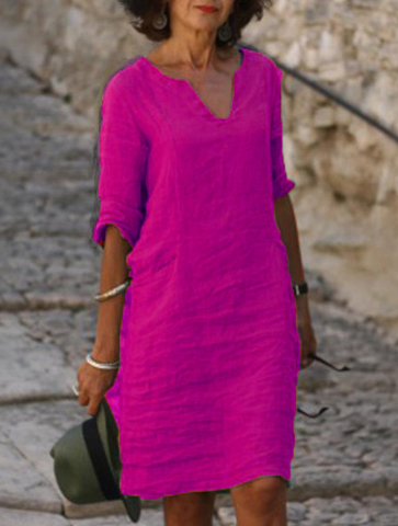 Women's Casual Dress with V-Neck and Cuffed Sleeves