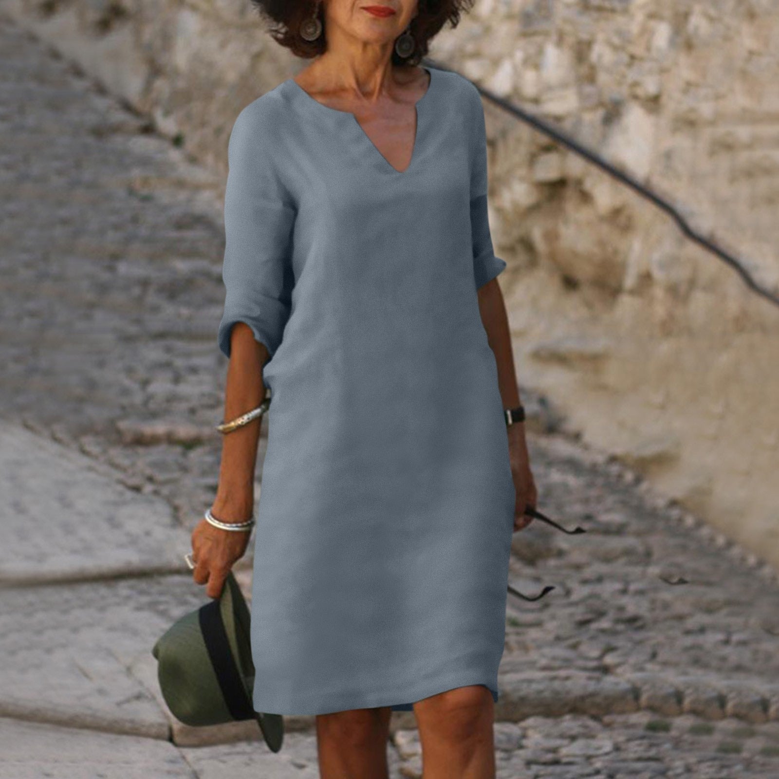 Women's Casual Dress with V-Neck and Cuffed Sleeves