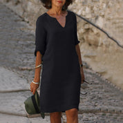 Women's Casual Dress with V-Neck and Cuffed Sleeves