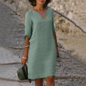 Women's Casual Dress with V-Neck and Cuffed Sleeves