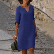 Women's Casual Dress with V-Neck and Cuffed Sleeves