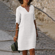 Women's Casual Dress with V-Neck and Cuffed Sleeves