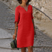 Women's Casual Dress with V-Neck and Cuffed Sleeves