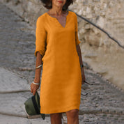 Women's Casual Dress with V-Neck and Cuffed Sleeves