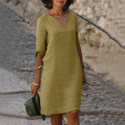 Women's Casual Dress with V-Neck and Cuffed Sleeves