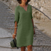 Women's Casual Dress with V-Neck and Cuffed Sleeves