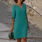 Women's Casual Dress with V-Neck and Cuffed Sleeves