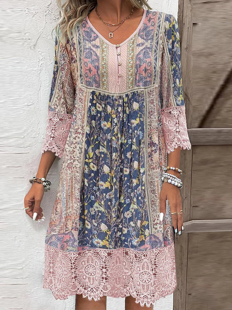 Women's Casual Dress with V-Neck and Button Fastenings