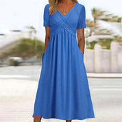 Women's Casual Dress with V-Neck and Pleated Bust