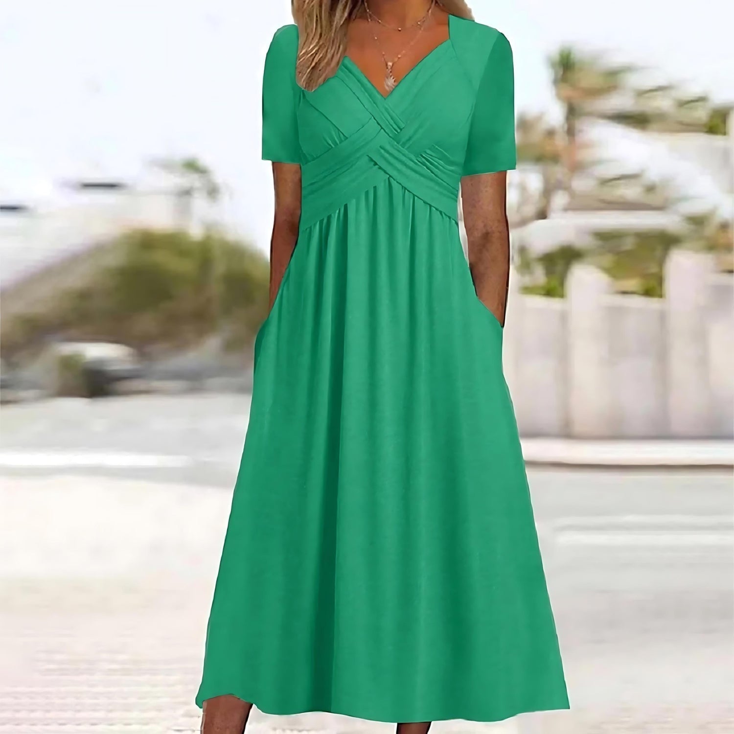 Women's Casual Dress with V-Neck and Pleated Bust