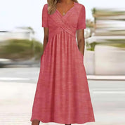 Women's Casual Dress with V-Neck and Pleated Bust