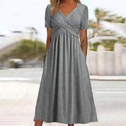 Women's Casual Dress with V-Neck and Pleated Bust