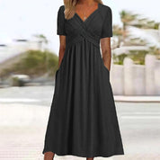 Women's Casual Dress with V-Neck and Pleated Bust