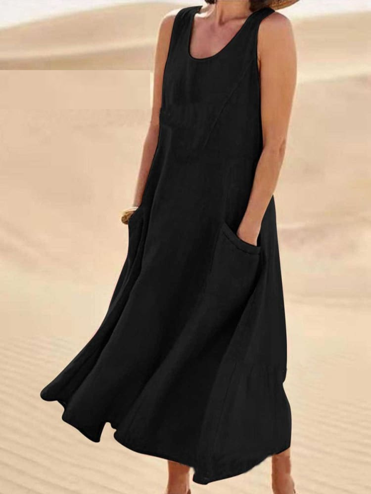 Women's Casual Dress with Round Neck and Side Pockets