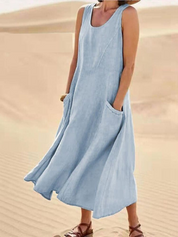 Women's Casual Dress with Round Neck and Side Pockets