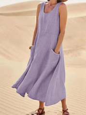 Women's Casual Dress with Round Neck and Side Pockets