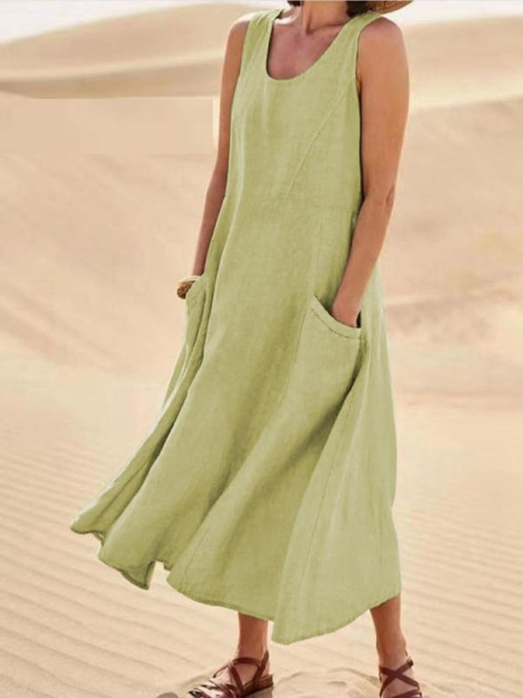 Women's Casual Dress with Round Neck and Side Pockets