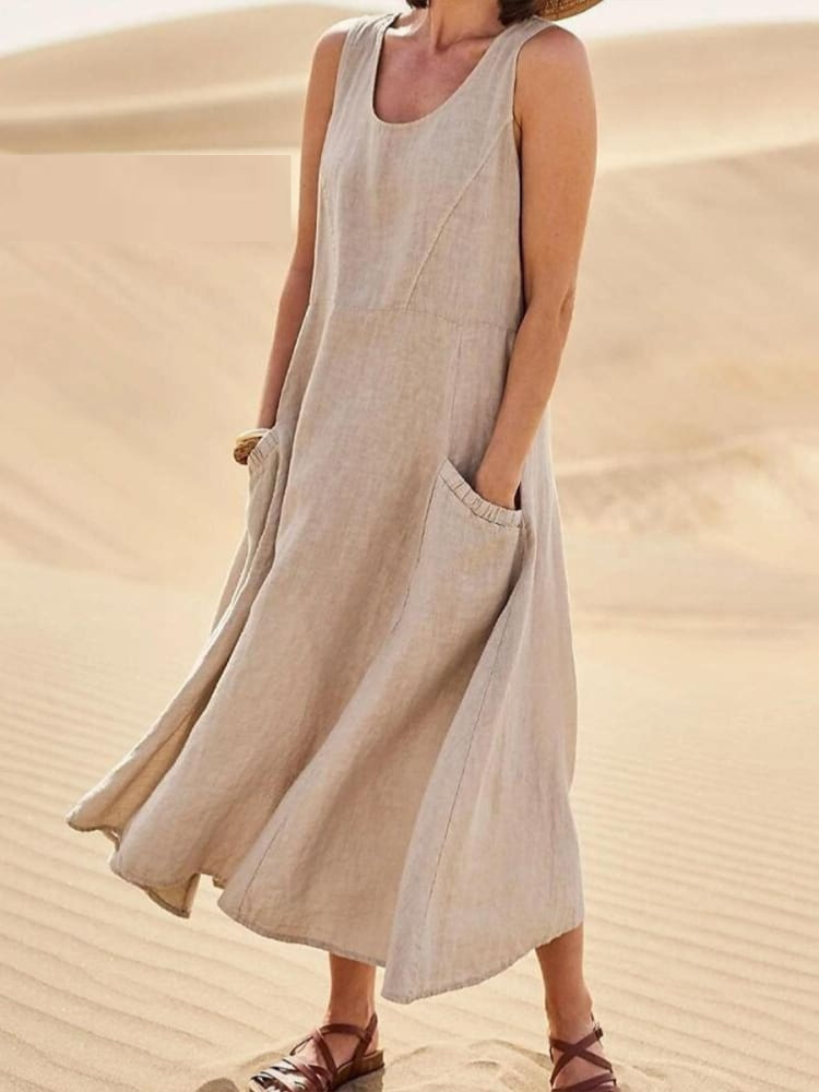 Women's Casual Dress with Round Neck and Side Pockets