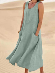 Women's Casual Dress with Round Neck and Side Pockets