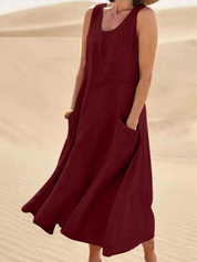 Women's Casual Dress with Round Neck and Side Pockets