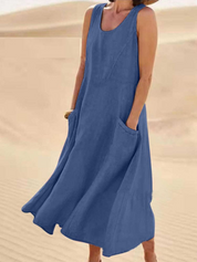 Women's Casual Dress with Round Neck and Side Pockets