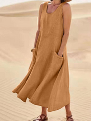 Women's Casual Dress with Round Neck and Side Pockets