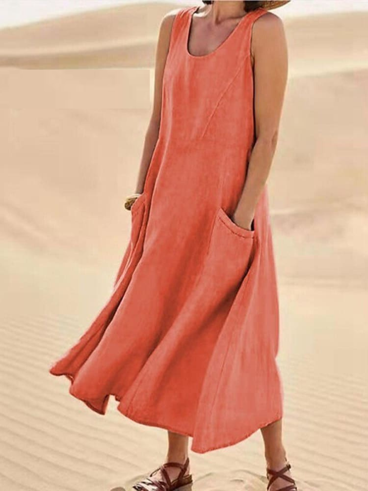 Women's Casual Dress with Round Neck and Side Pockets