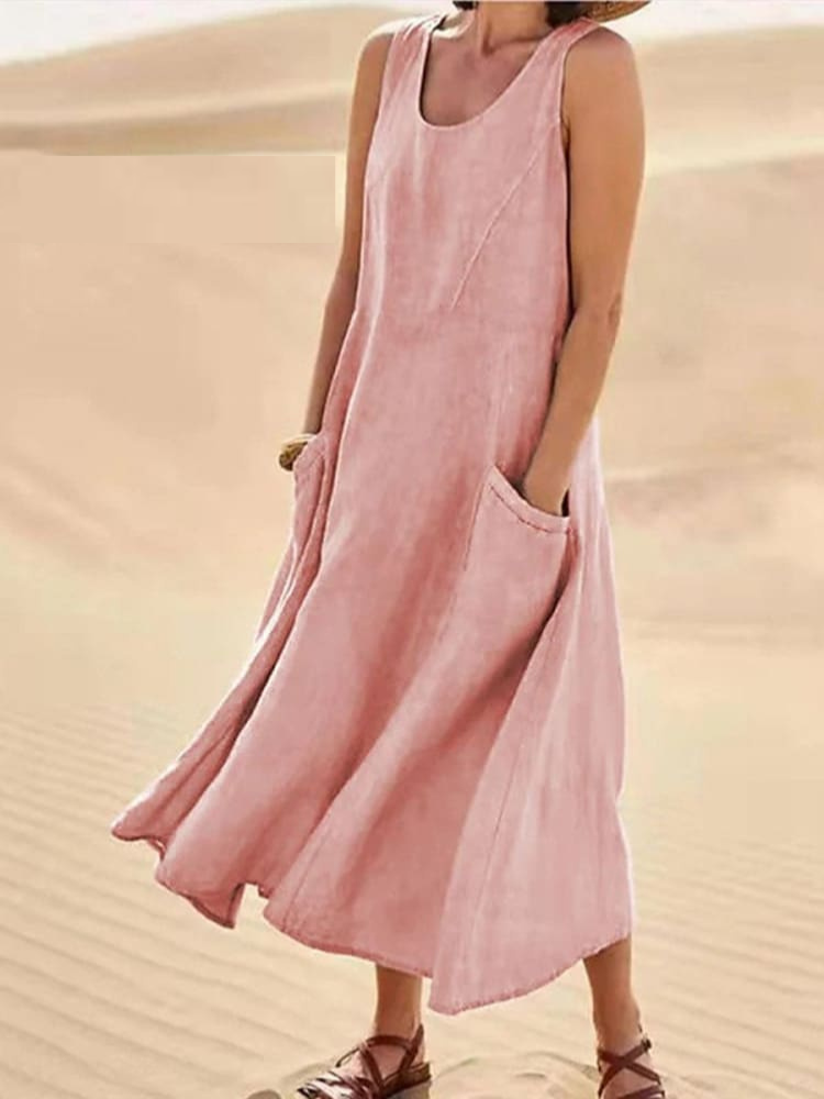 Women's Casual Dress with Round Neck and Side Pockets