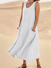 Women's Casual Dress with Round Neck and Side Pockets