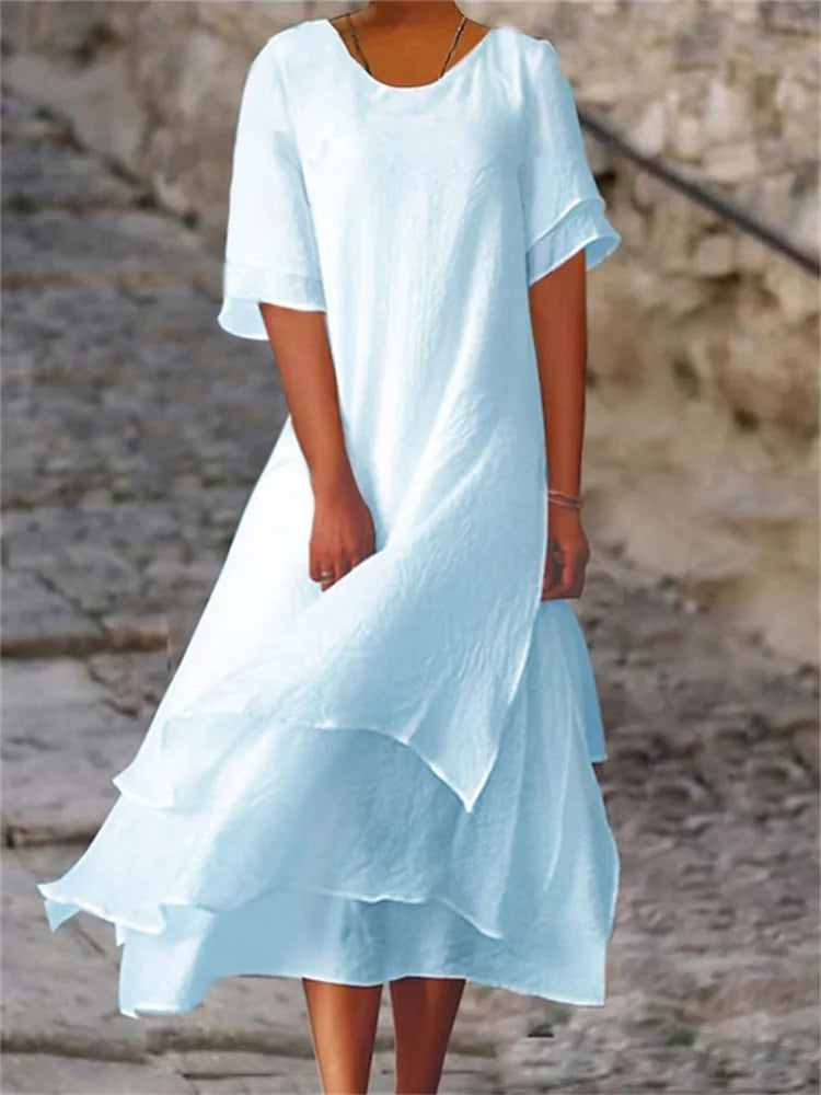 Women's Casual Dress with Round Neck and Short Sleeves