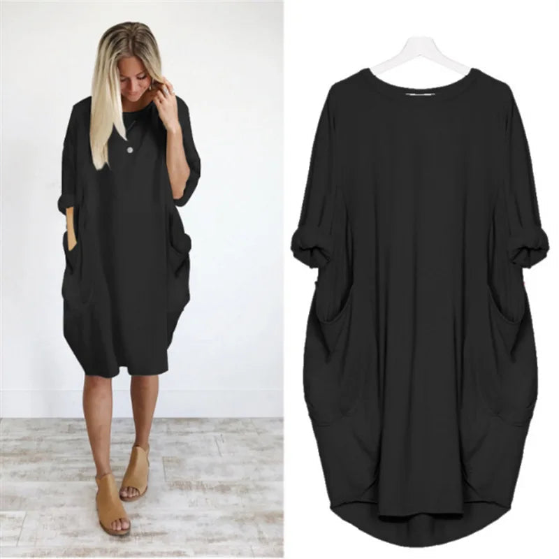 Women's casual dress with a round neckline and long sleeves