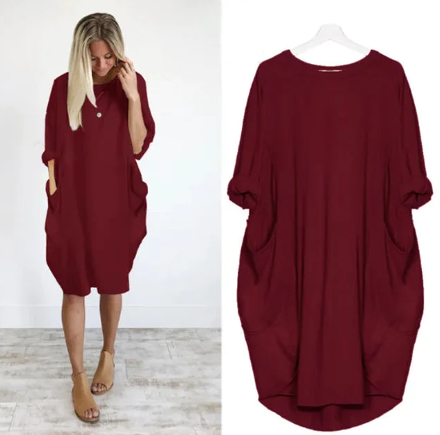 Women's casual dress with a round neckline and long sleeves