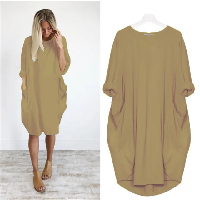 Women's casual dress with a round neckline and long sleeves