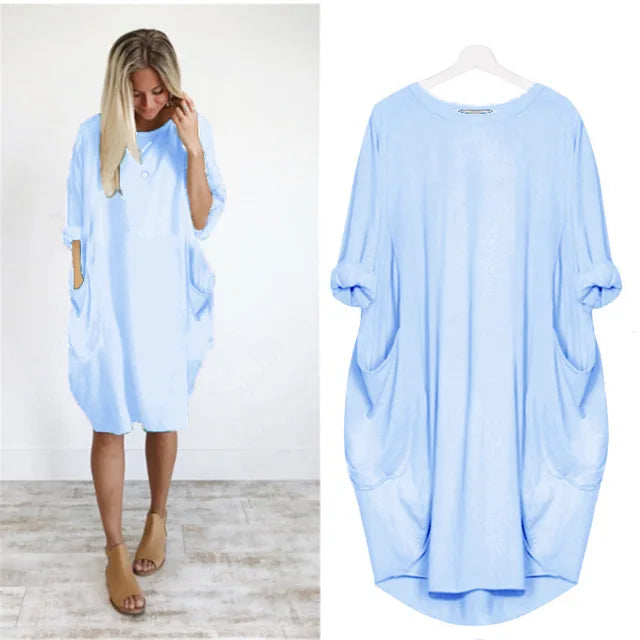 Women's casual dress with a round neckline and long sleeves