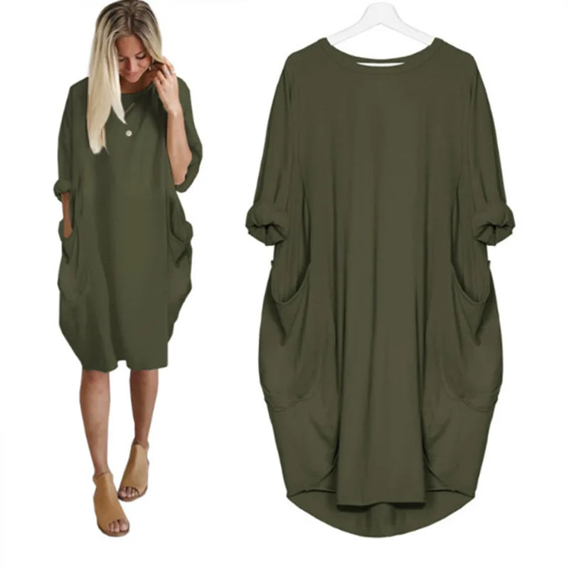 Women's casual dress with a round neckline and long sleeves
