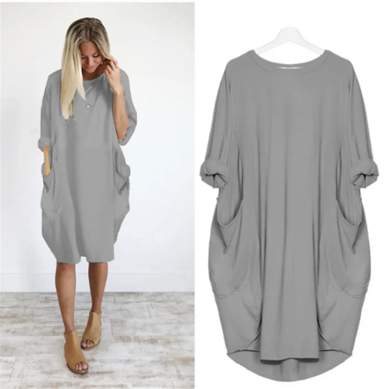 Women's casual dress with a round neckline and long sleeves