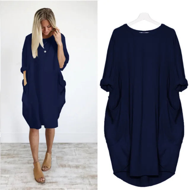 Women's casual dress with a round neckline and long sleeves