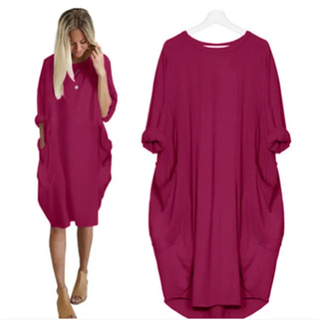 Women's casual dress with a round neckline and long sleeves