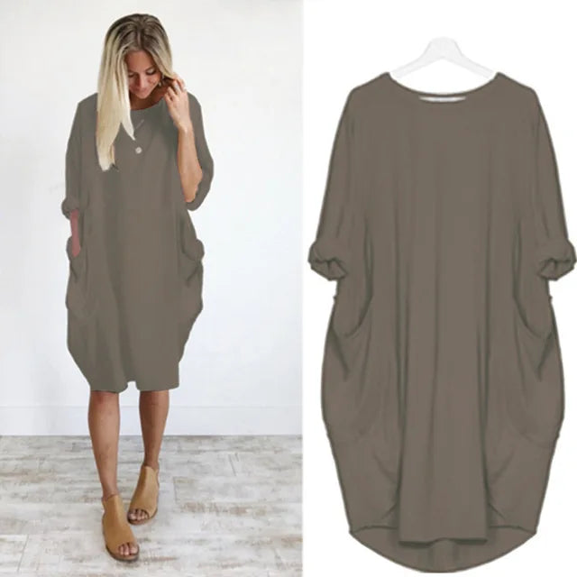 Women's casual dress with a round neckline and long sleeves