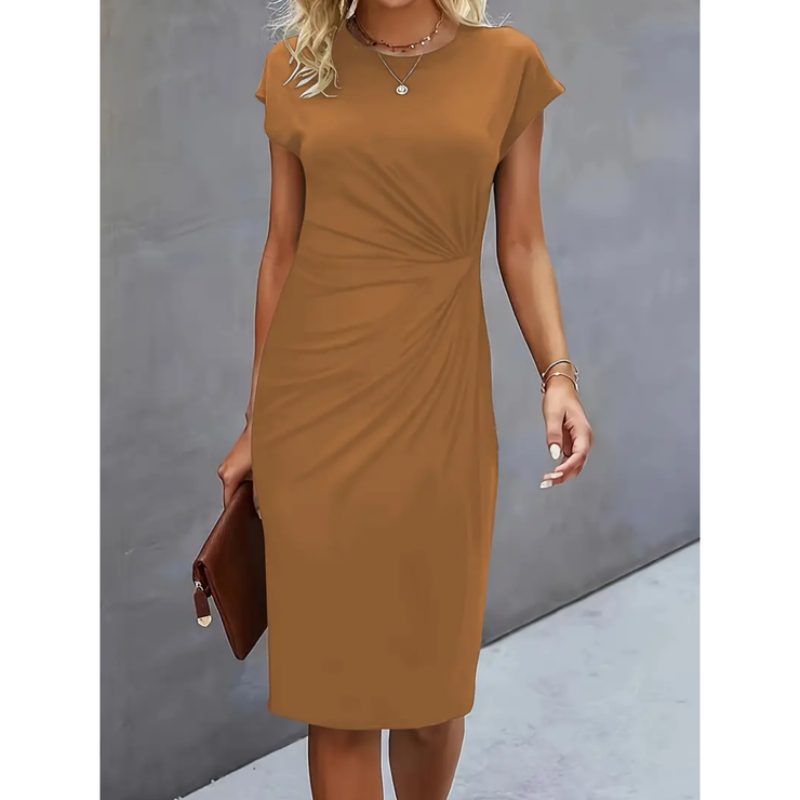 Women's Casual Dress with Round Neck and Side Twist Detail