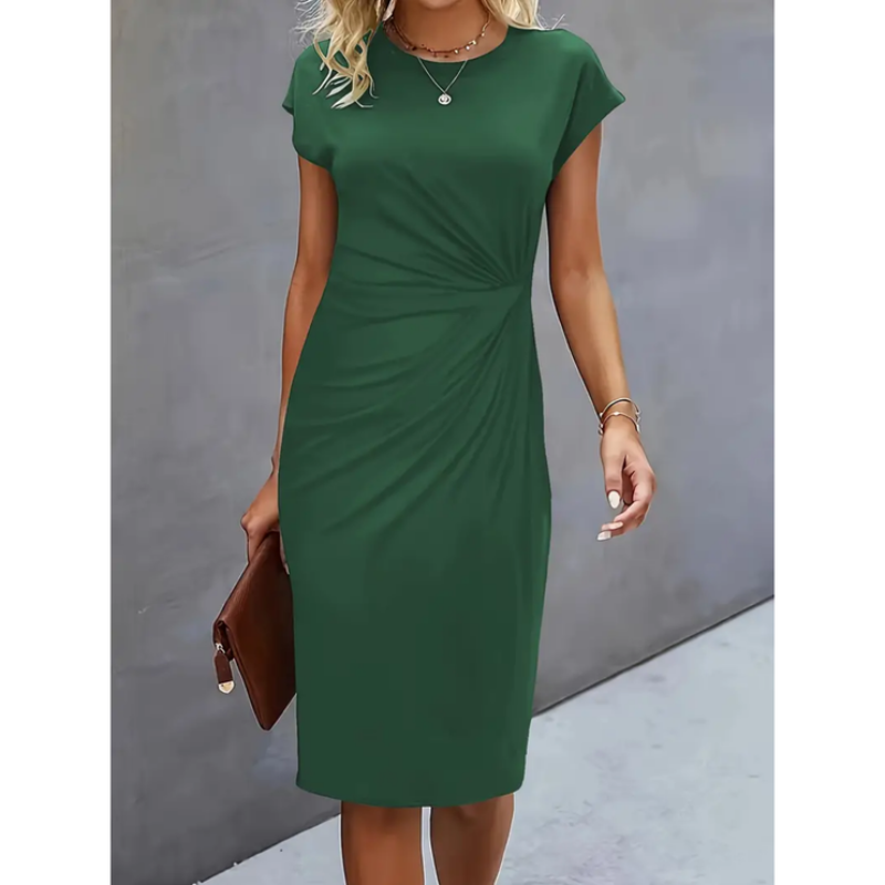Women's Casual Dress with Round Neck and Side Twist Detail