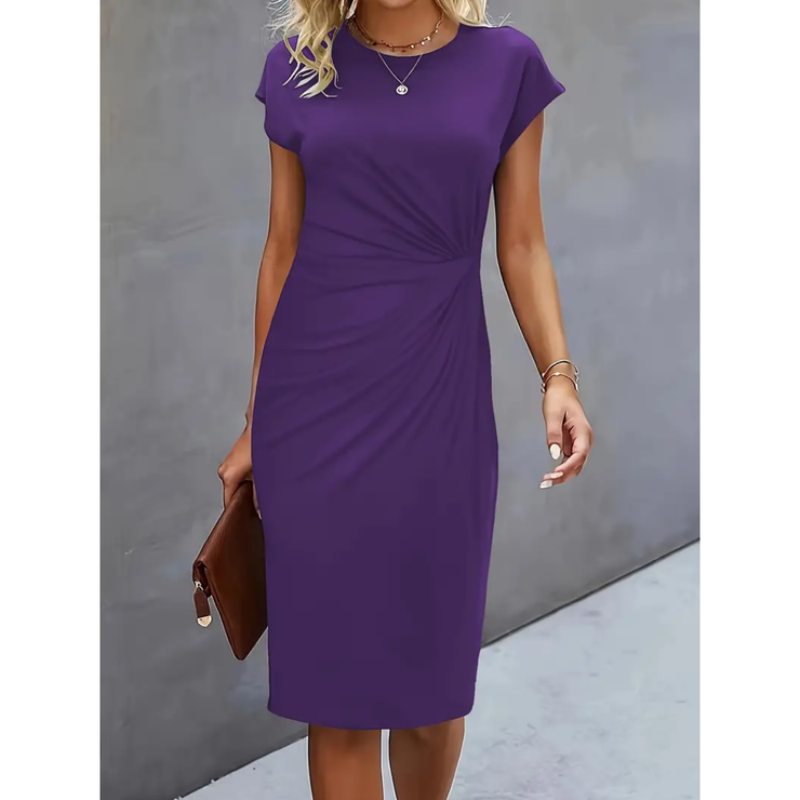 Women's Casual Dress with Round Neck and Side Twist Detail