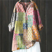 Women's casual shirt with Henley neckline and floral embroidery
