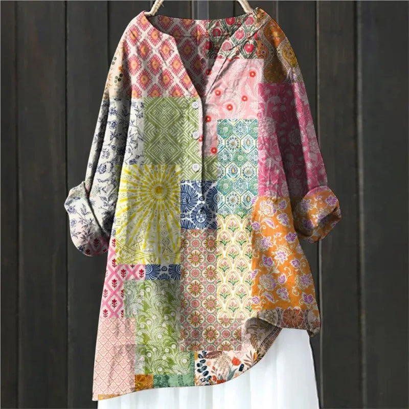 Women's casual shirt with Henley neckline and floral embroidery