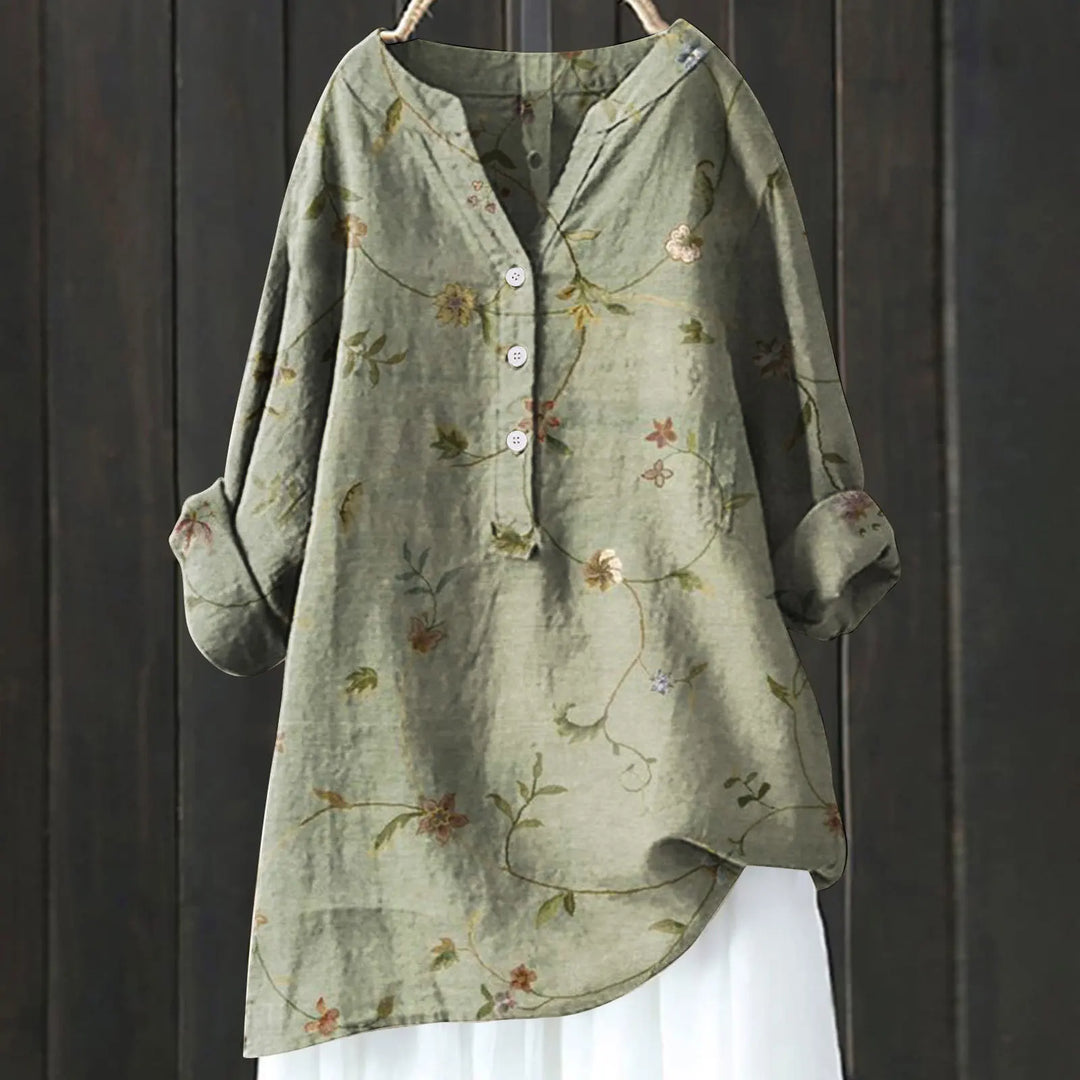 Women's casual shirt with Henley neckline and floral embroidery