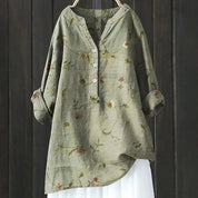 Women's casual shirt with Henley neckline and floral embroidery