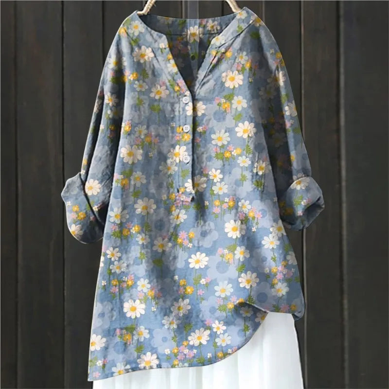 Women's casual shirt with Henley neckline and floral embroidery